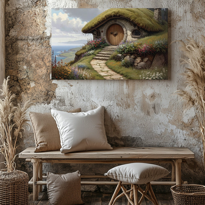 Hobbit Home Countryside Canvas – Whimsical Cottage in Grassy Hill Art - Gifitto