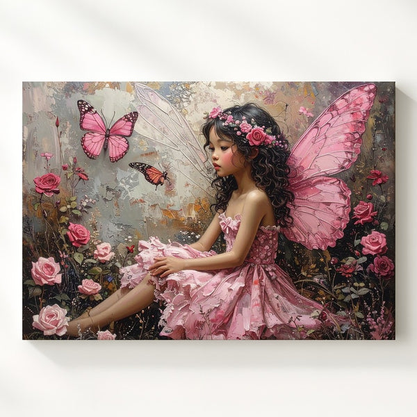 Fairy with Butterfly Wings Canvas – Delicate Fantasy Art of Blooming Roses - Gifitto