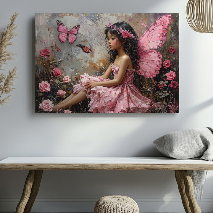 Fairy with Butterfly Wings Canvas – Delicate Fantasy Art of Blooming Roses - Gifitto