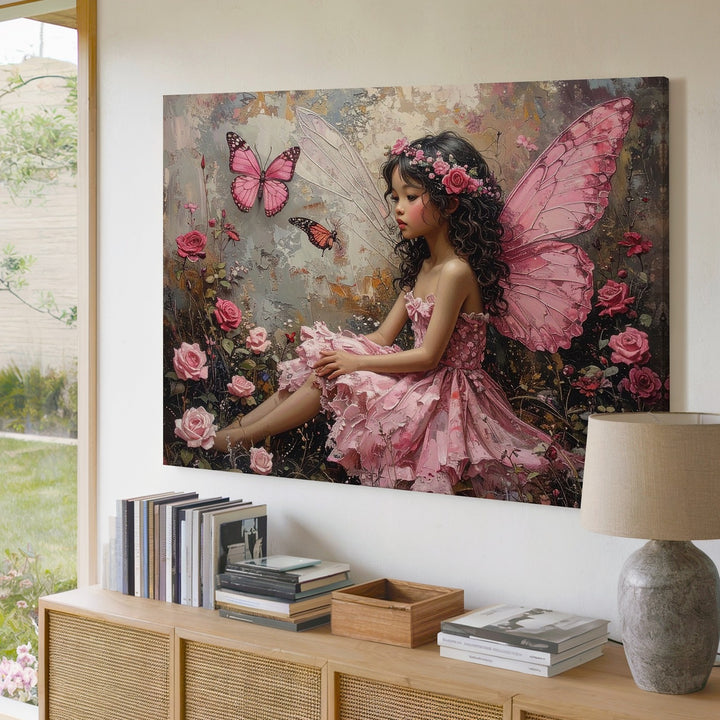 Fairy with Butterfly Wings Canvas – Delicate Fantasy Art of Blooming Roses - Gifitto