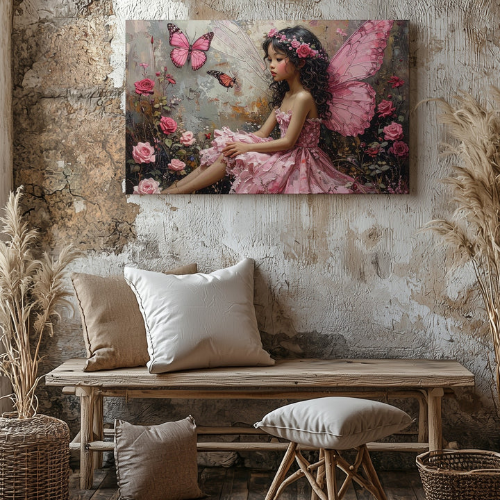 Fairy with Butterfly Wings Canvas – Delicate Fantasy Art of Blooming Roses - Gifitto