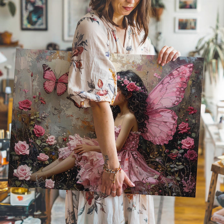 Fairy with Butterfly Wings Canvas – Delicate Fantasy Art of Blooming Roses - Gifitto