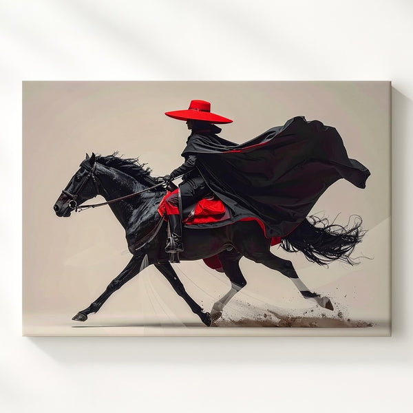 Mystic Rider & Black Horse Canvas – Minimalist Fantasy Equestrian Art - Gifitto