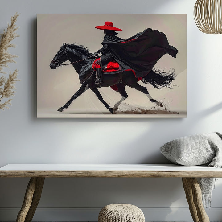 Mystic Rider & Black Horse Canvas – Minimalist Fantasy Equestrian Art - Gifitto