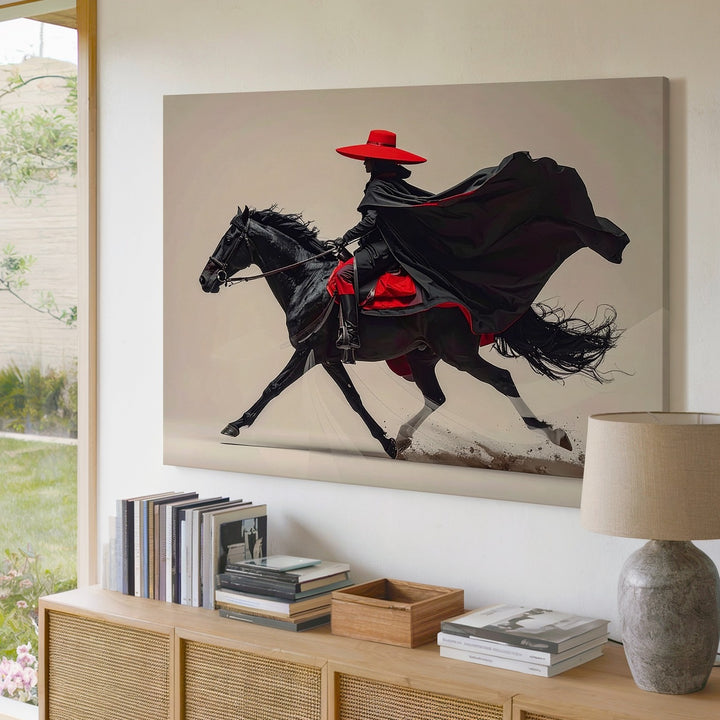 Mystic Rider & Black Horse Canvas – Minimalist Fantasy Equestrian Art - Gifitto