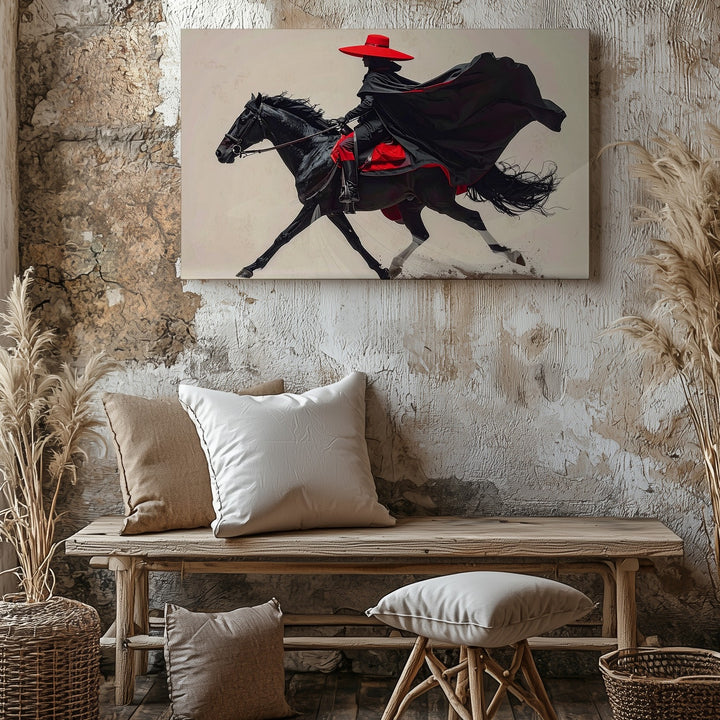 Mystic Rider & Black Horse Canvas – Minimalist Fantasy Equestrian Art - Gifitto