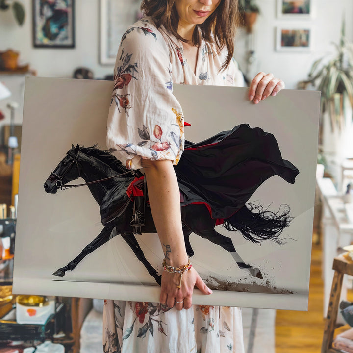 Mystic Rider & Black Horse Canvas – Minimalist Fantasy Equestrian Art - Gifitto