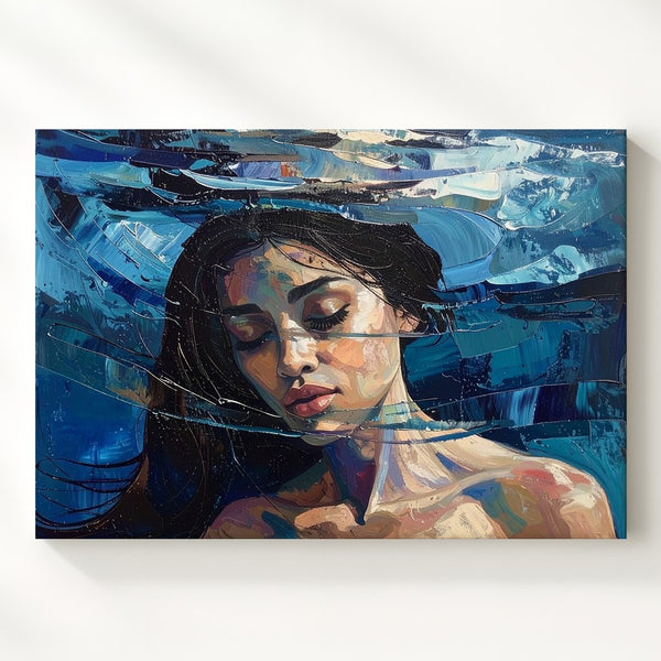 Submerged Solitude Canvas – Moody Expressionist Woman in Water Art