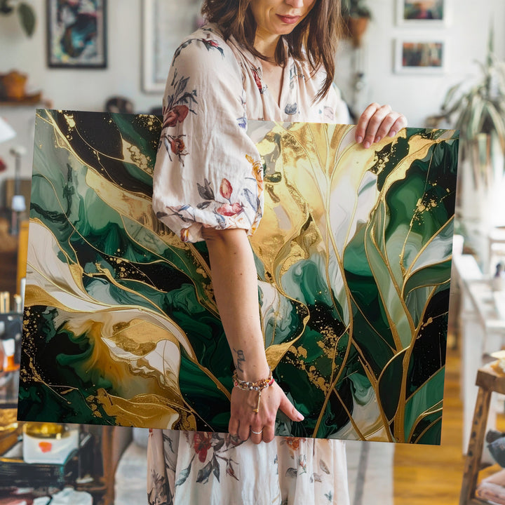 Emerald Gold Flow Canvas – Luxurious Marbled Abstract Wall Art - Gifitto