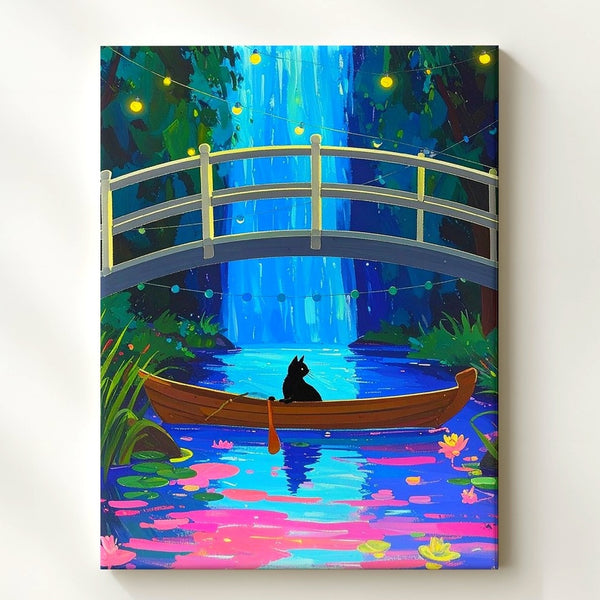Whimsical Night Cat Canvas – Surreal Boat Ride in a Neon Forest - Gifitto
