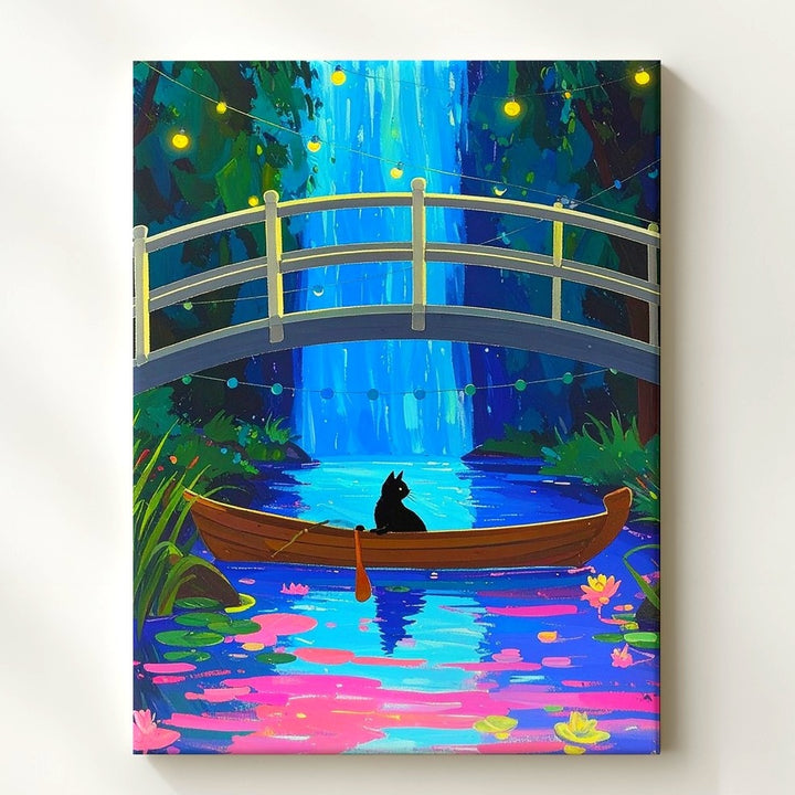 Whimsical Night Cat Canvas – Surreal Boat Ride in a Neon Forest - Gifitto