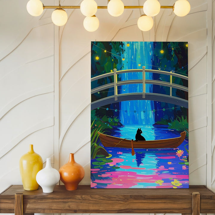 Whimsical Night Cat Canvas – Surreal Boat Ride in a Neon Forest - Gifitto