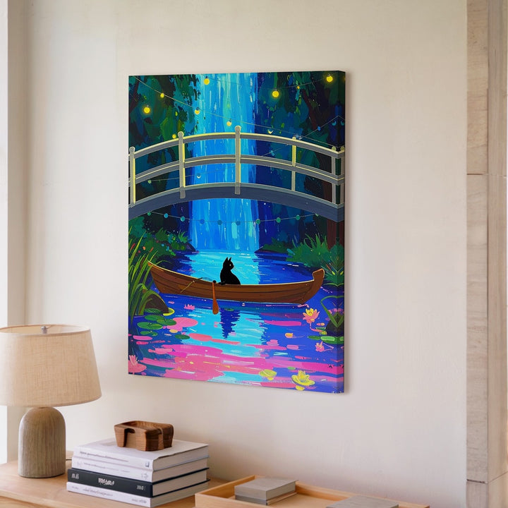 Whimsical Night Cat Canvas – Surreal Boat Ride in a Neon Forest - Gifitto