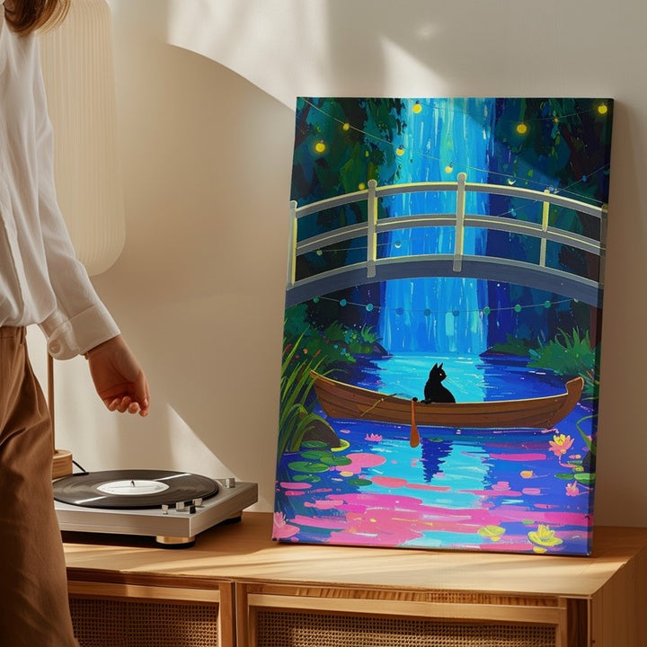 Whimsical Night Cat Canvas – Surreal Boat Ride in a Neon Forest - Gifitto