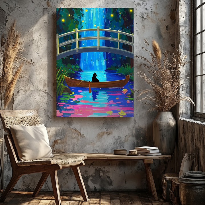 Whimsical Night Cat Canvas – Surreal Boat Ride in a Neon Forest - Gifitto