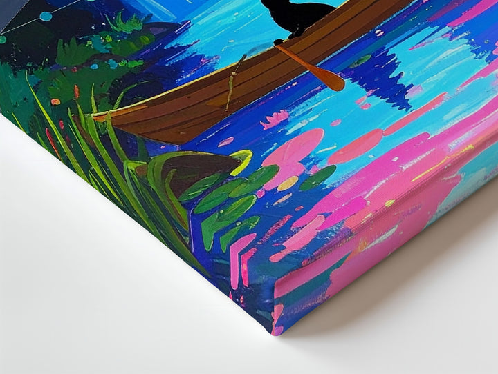 Whimsical Night Cat Canvas – Surreal Boat Ride in a Neon Forest - Gifitto
