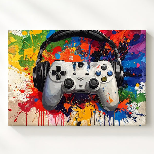Color Splash Gamer Canvas – Headset & Controller Wall Art with Vibrant Background - Gifitto