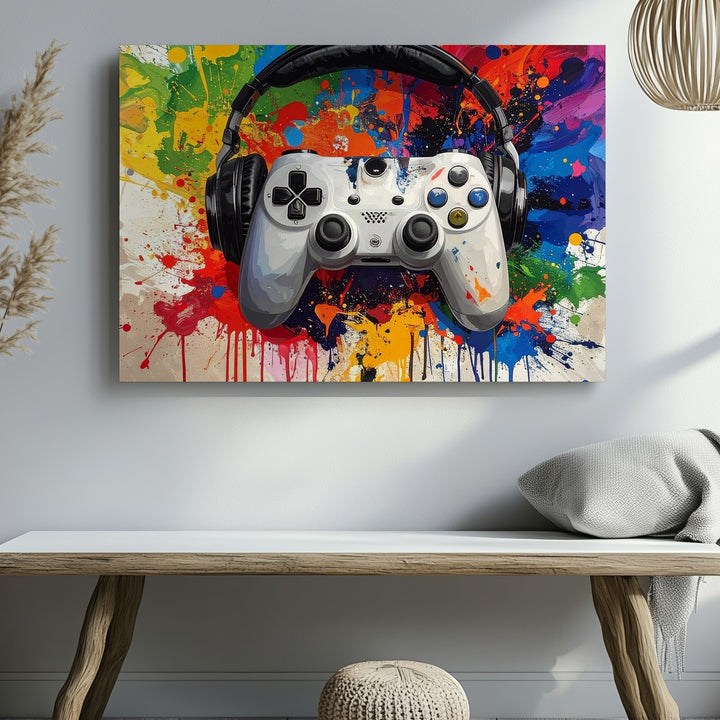 Color Splash Gamer Canvas – Headset & Controller Wall Art with Vibrant Background - Gifitto
