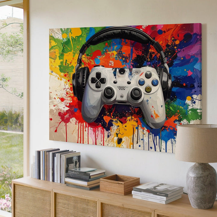 Color Splash Gamer Canvas – Headset & Controller Wall Art with Vibrant Background - Gifitto