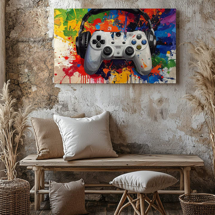 Color Splash Gamer Canvas – Headset & Controller Wall Art with Vibrant Background - Gifitto