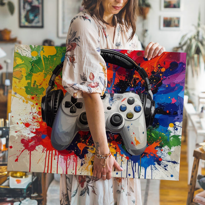 Color Splash Gamer Canvas – Headset & Controller Wall Art with Vibrant Background - Gifitto