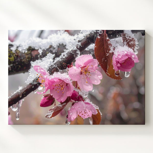 Frozen Bloom Canvas – Frosted Pink Blossom Close-Up Winter Art - Gifitto