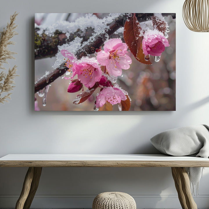 Frozen Bloom Canvas – Frosted Pink Blossom Close-Up Winter Art - Gifitto