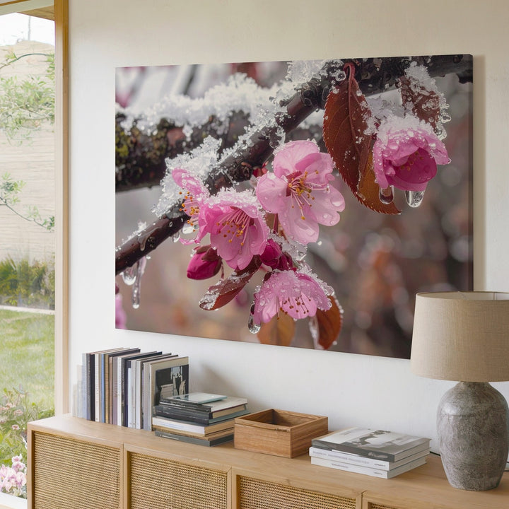 Frozen Bloom Canvas – Frosted Pink Blossom Close-Up Winter Art - Gifitto