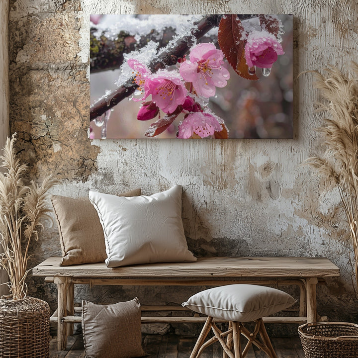 Frozen Bloom Canvas – Frosted Pink Blossom Close-Up Winter Art - Gifitto