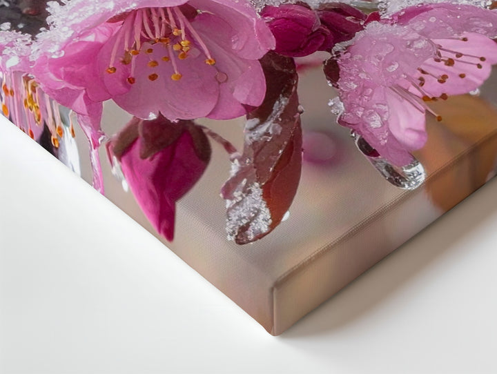 Frozen Bloom Canvas – Frosted Pink Blossom Close-Up Winter Art - Gifitto