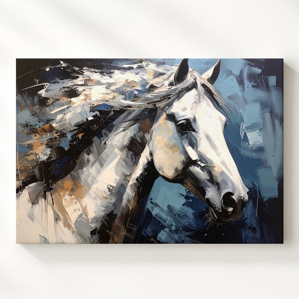 Windswept Grace Canvas – Expressive White Horse in Blue Tones - Gifitto