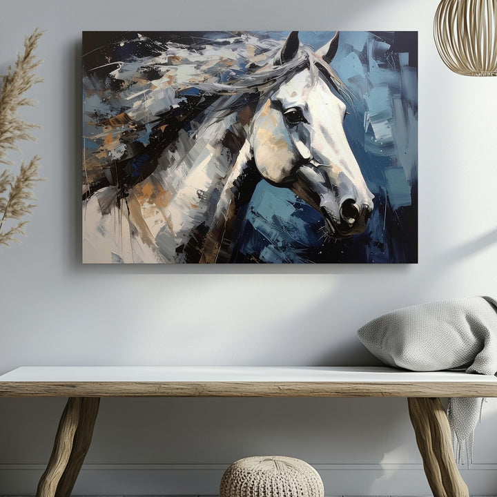 Windswept Grace Canvas – Expressive White Horse in Blue Tones - Gifitto