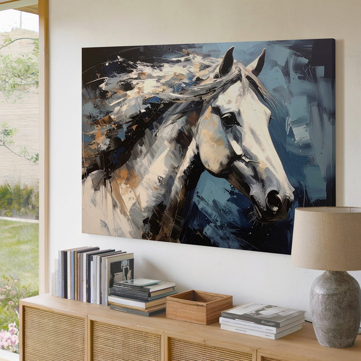 Windswept Grace Canvas – Expressive White Horse in Blue Tones - Gifitto
