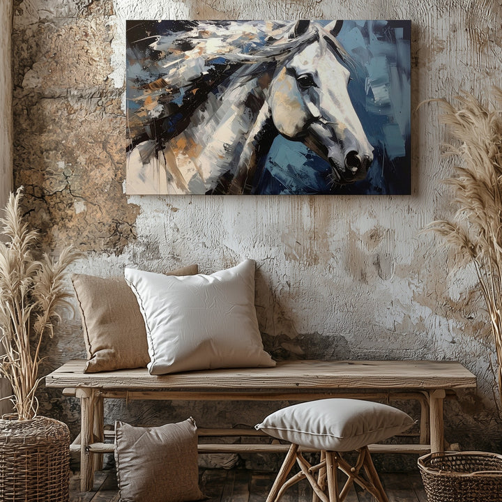 Windswept Grace Canvas – Expressive White Horse in Blue Tones - Gifitto