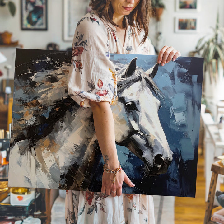 Windswept Grace Canvas – Expressive White Horse in Blue Tones - Gifitto