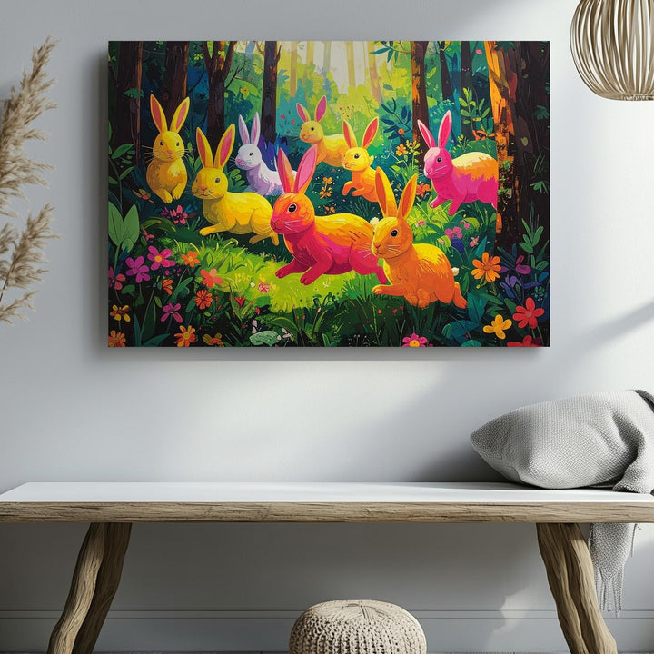 Whimsical Bunny Forest Canvas – Playful Spring Wall Art - Gifitto