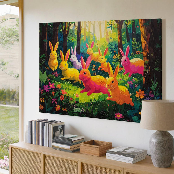Whimsical Bunny Forest Canvas – Playful Spring Wall Art - Gifitto