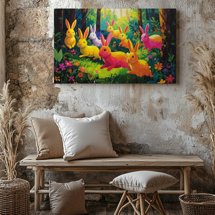 Whimsical Bunny Forest Canvas – Playful Spring Wall Art - Gifitto