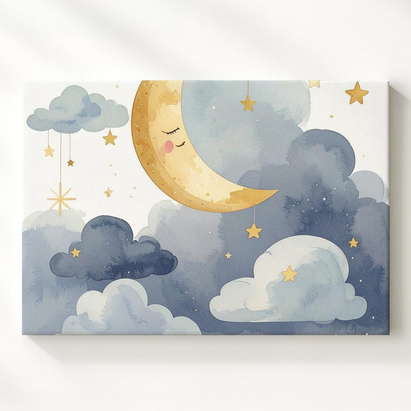 Golden Crescent Moon & Clouds Canvas – Serene Nursery Wall Art - Gifitto