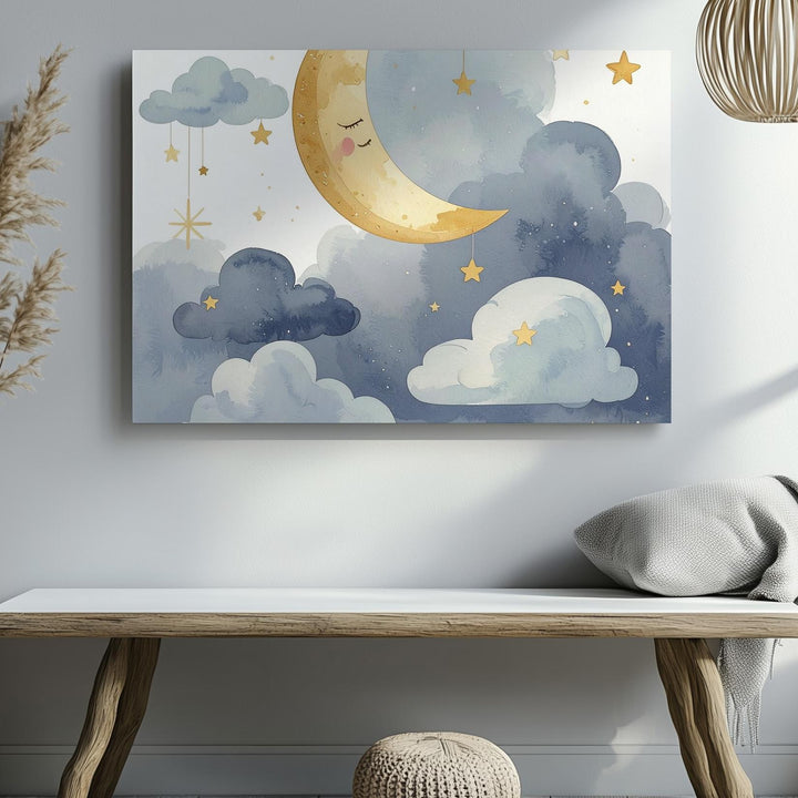 Golden Crescent Moon & Clouds Canvas – Serene Nursery Wall Art - Gifitto
