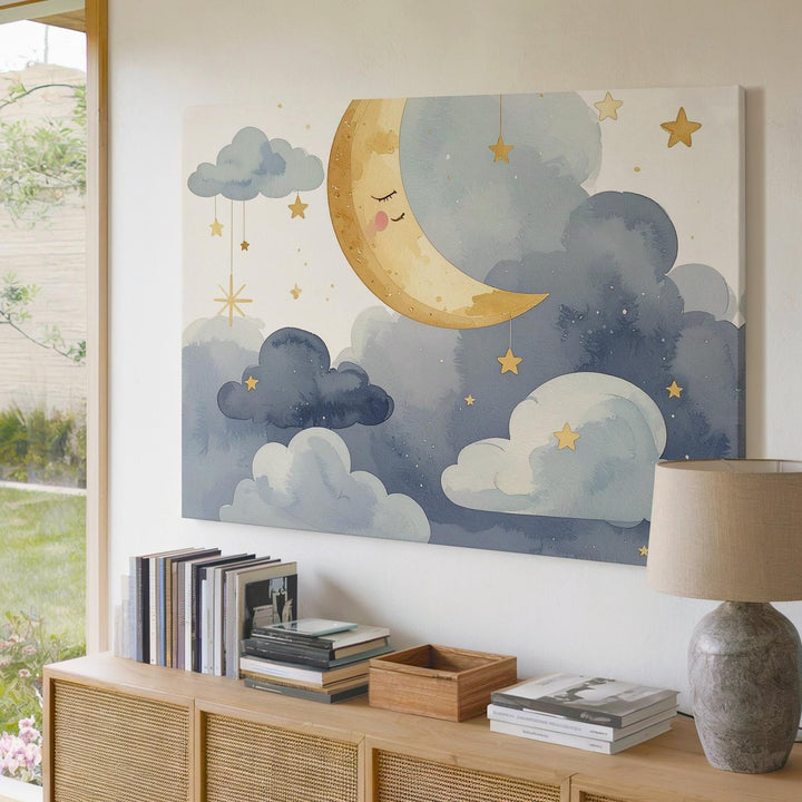 Golden Crescent Moon & Clouds Canvas – Serene Nursery Wall Art - Gifitto