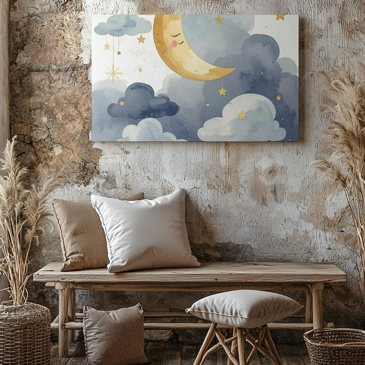 Golden Crescent Moon & Clouds Canvas – Serene Nursery Wall Art - Gifitto
