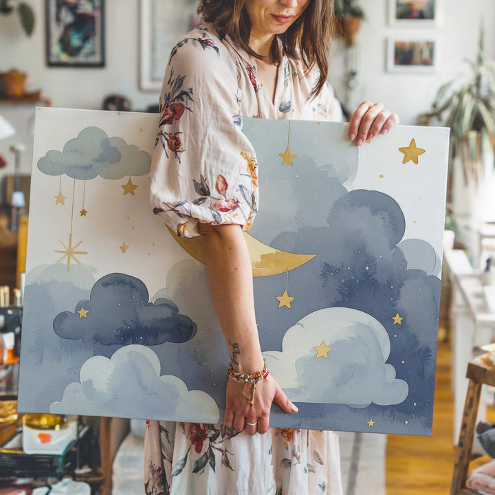 Golden Crescent Moon & Clouds Canvas – Serene Nursery Wall Art - Gifitto