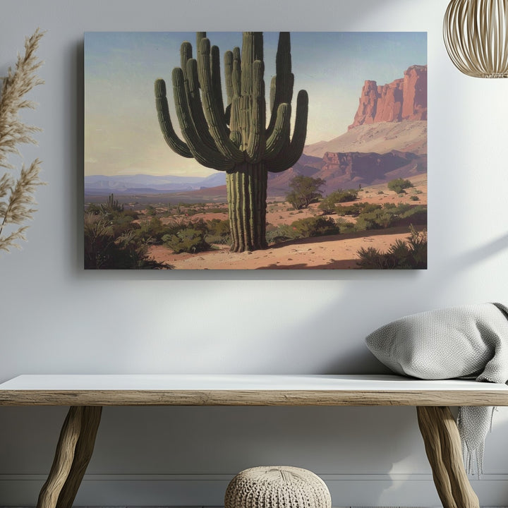 Desert Sentinel Canvas – Monumental Cactus Oil Painting with Southwestern Landscape - Gifitto