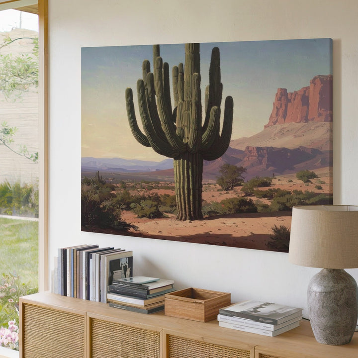Desert Sentinel Canvas – Monumental Cactus Oil Painting with Southwestern Landscape - Gifitto