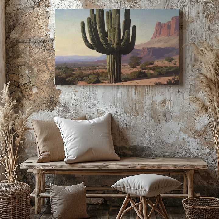 Desert Sentinel Canvas – Monumental Cactus Oil Painting with Southwestern Landscape - Gifitto