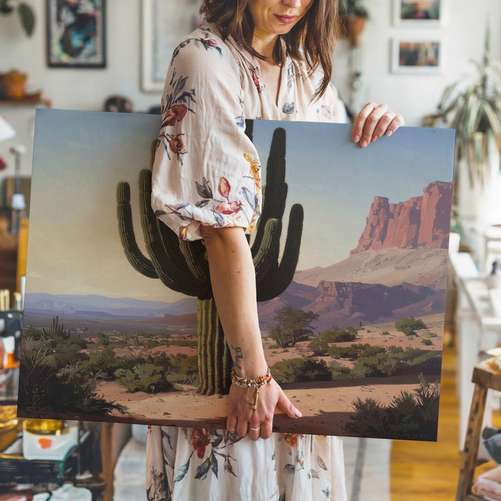 Desert Sentinel Canvas – Monumental Cactus Oil Painting with Southwestern Landscape - Gifitto