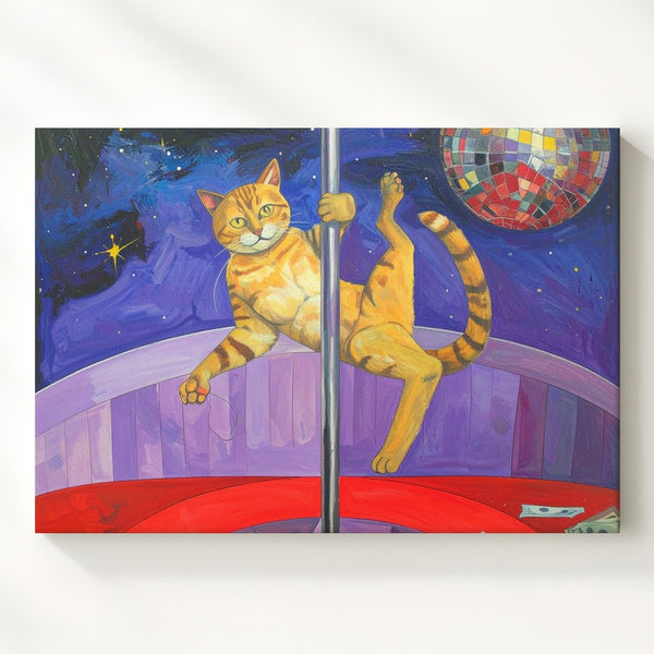 Dancing Yellow Cat Canvas – Surreal Nightlife Art with Pole Dance & Disco Vibes - Gifitto