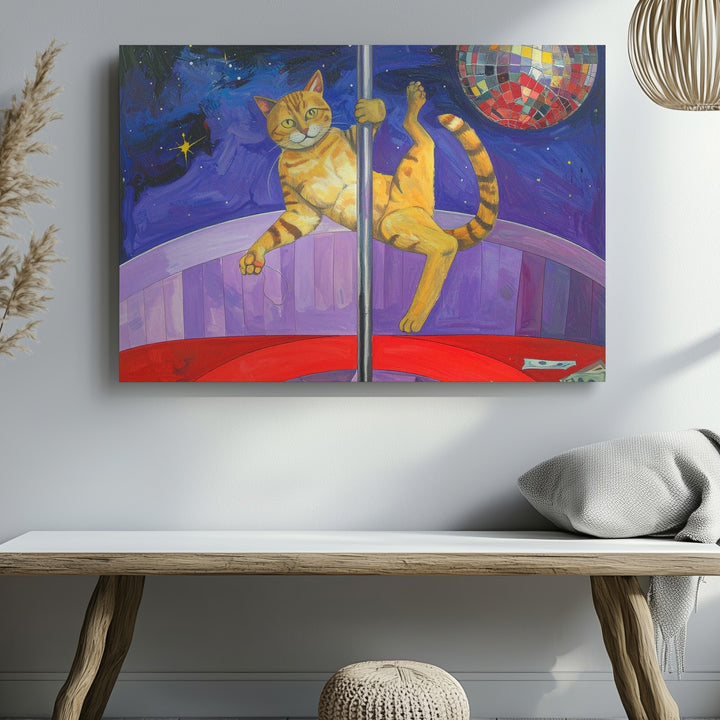 Dancing Yellow Cat Canvas – Surreal Nightlife Art with Pole Dance & Disco Vibes - Gifitto