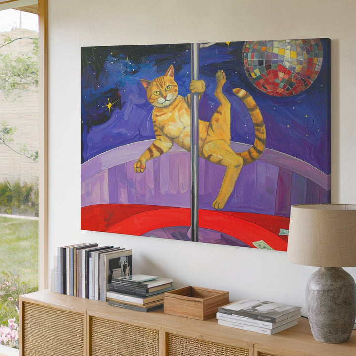 Dancing Yellow Cat Canvas – Surreal Nightlife Art with Pole Dance & Disco Vibes - Gifitto